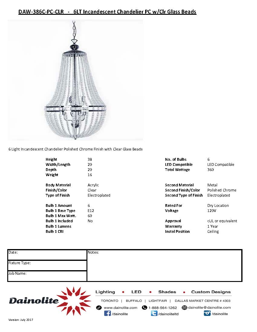 Dainolite DAW-386C-PC-CLR 6 Light Incandescent Chandelier Polished Chrome Finish with Clear Glass Beads