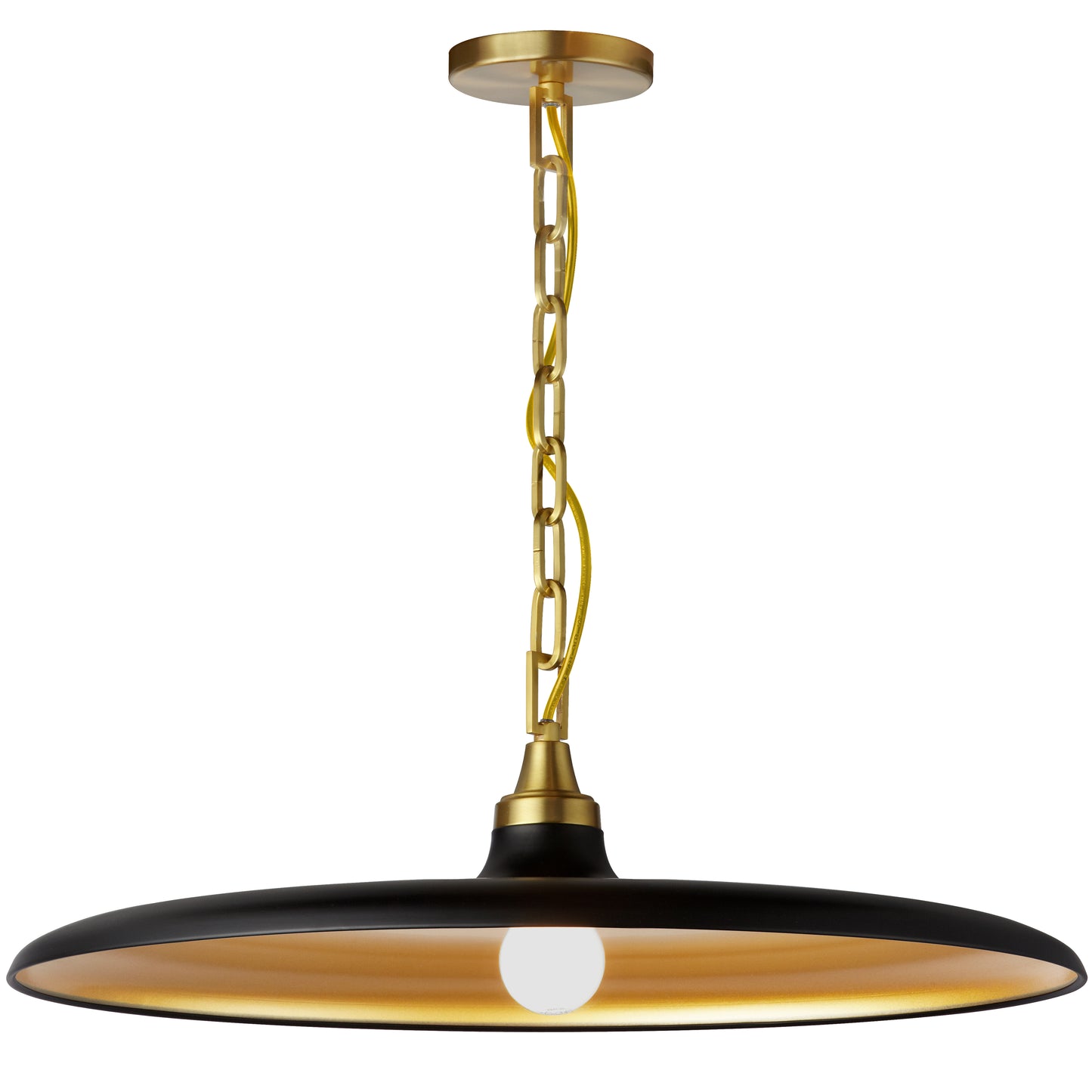 Dainolite 1 Light Pendant in Aged Brass w/ Matte Black & Gold Shade
