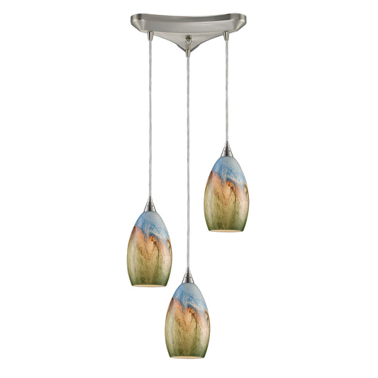 Geologic 3-Light Triangular Pendant Fixture in Satin Nickel with Multi-colored Glass