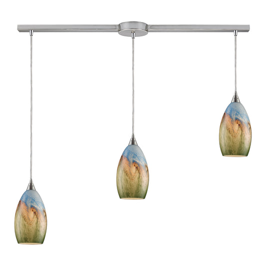 Geologic 3-Light Linear Pendant Fixture in Satin Nickel with Multi-colored Glass