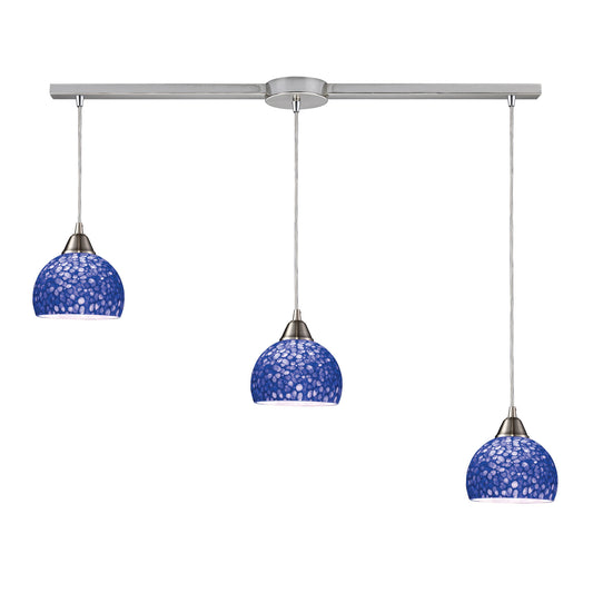 Cira 3-Light Linear Mini Pendant Fixture in Satin Nickel with Pebbled Blue Glass