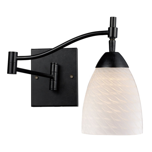 Celina 1-Light Swingarm Wall Lamp in Dark Rust with White Swirl Glass