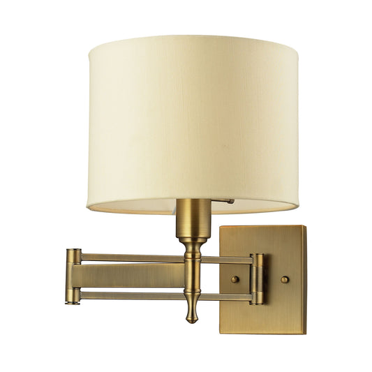 Pembroke 1-Light Swingarm Wall Lamp in Antique Brass with Tan Fabric Shade