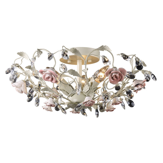Heritage 3-Light Semi Flush in Cream with Porcelain Roses and Crystal