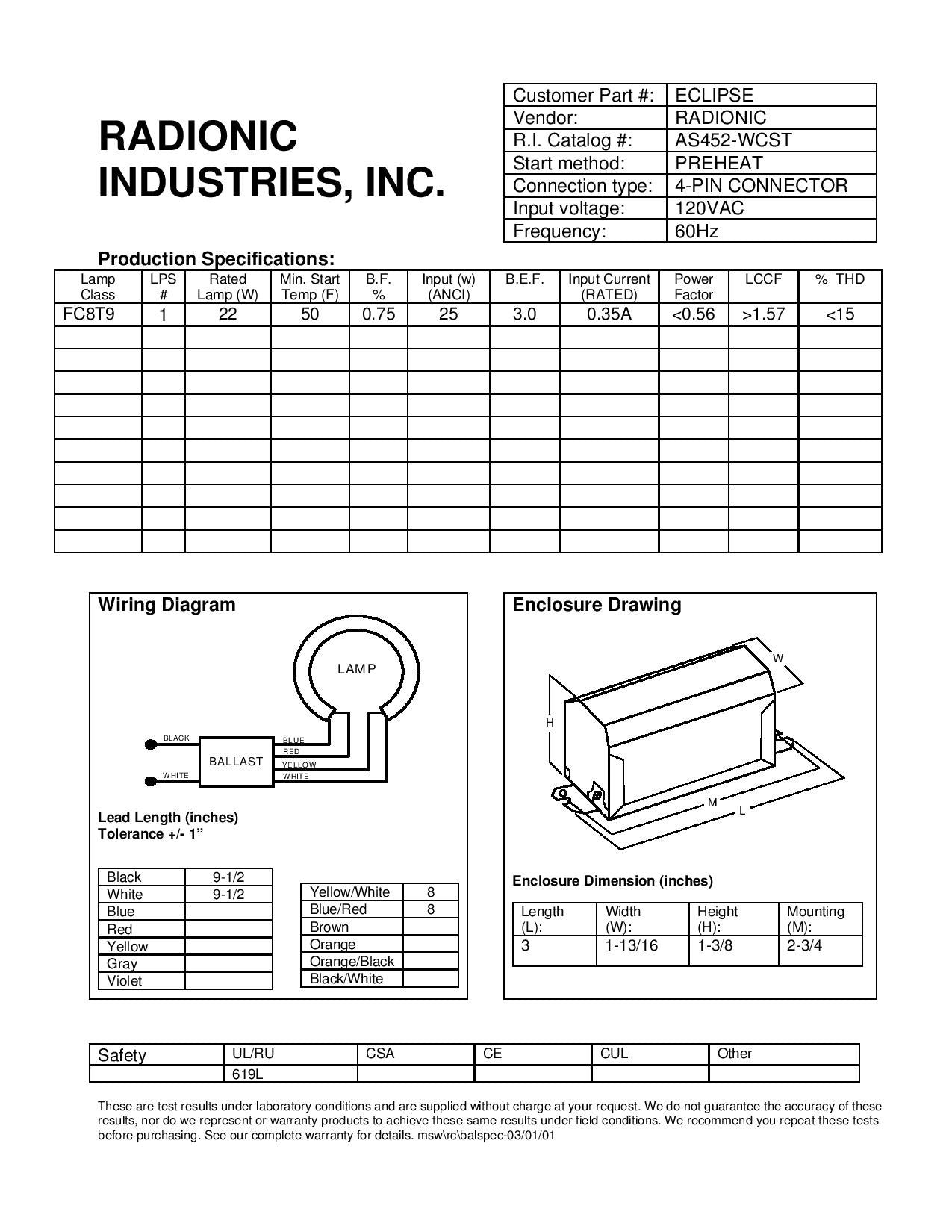 AS452WCST 120v for 1 FC8T9 lamp