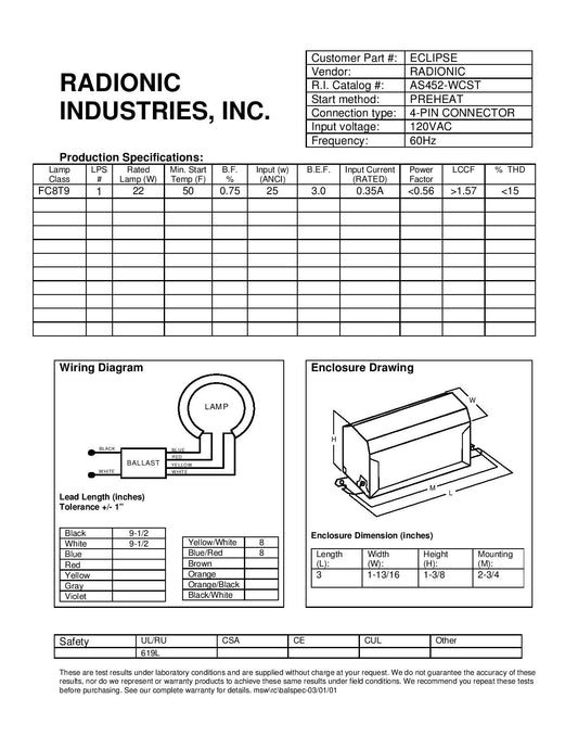 AS452WCST 120v for 1 FC8T9 lamp