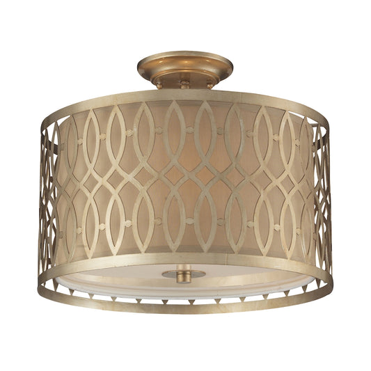 Estonia 3-Light Semi Flush in Aged Silver with Metal and Beige Fabric Shade