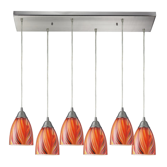 Arco Baleno 6-Light Rectangular Pendant Fixture in Satin Nickel with Multi-colored Glass