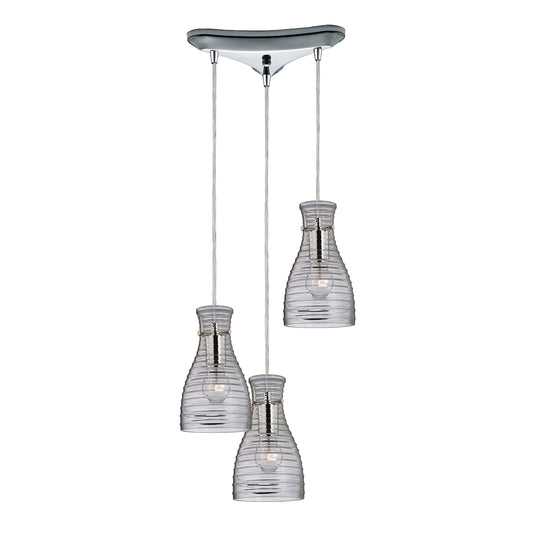 Strata 3-Light Triangular Pendant Fixture in Polished Chrome with Ribbed Blown Glass