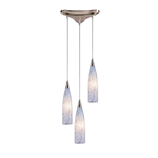 Lungo 3-Light Triangular Pendant Fixture in Satin Nickel with Snow White Glass