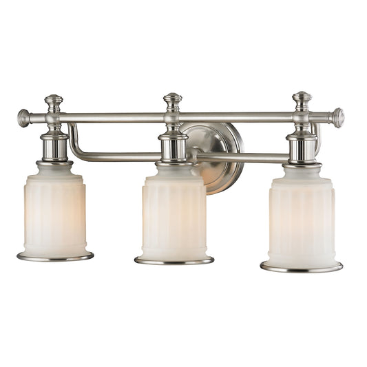 Acadia 3-Light Vanity Lamp in Brushed Nickel with Opal Reeded Pressed Glass
