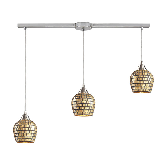 Fusion 3-Light Linear Pendant Fixture in Satin Nickel with Gold Leaf Mosaic Glass