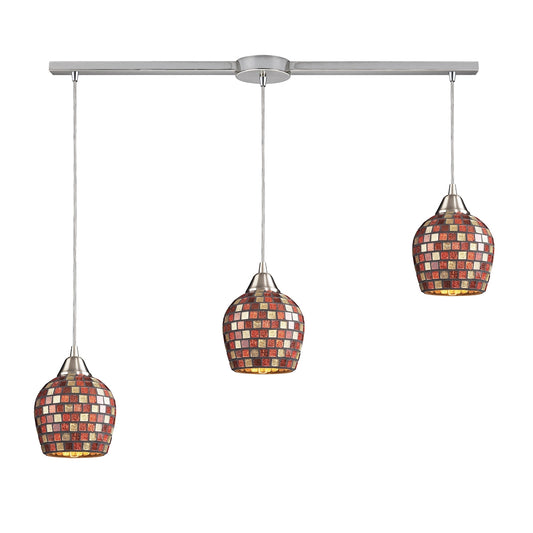Fusion 3-Light Linear Pendant Fixture in Satin Nickel with Multi-colored Mosaic Glass