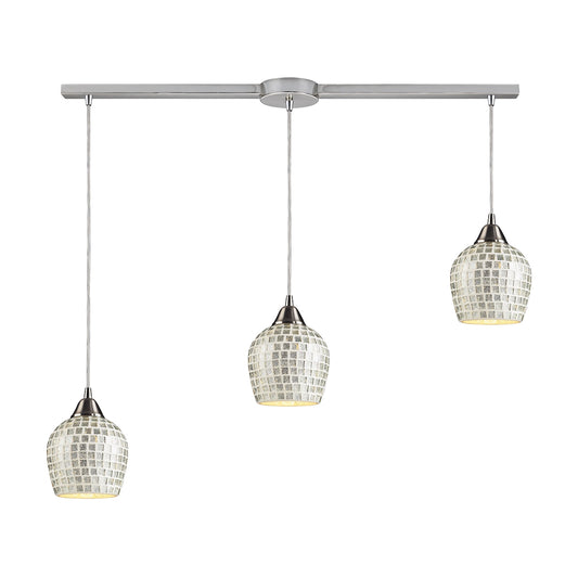 Fusion 3-Light Linear Pendant Fixture in Satin Nickel with Silver Mosaic Glass