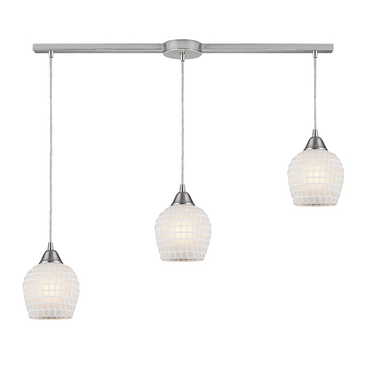 Fusion 3-Light Linear Pendant Fixture in Satin Nickel with White Mosaic Glass