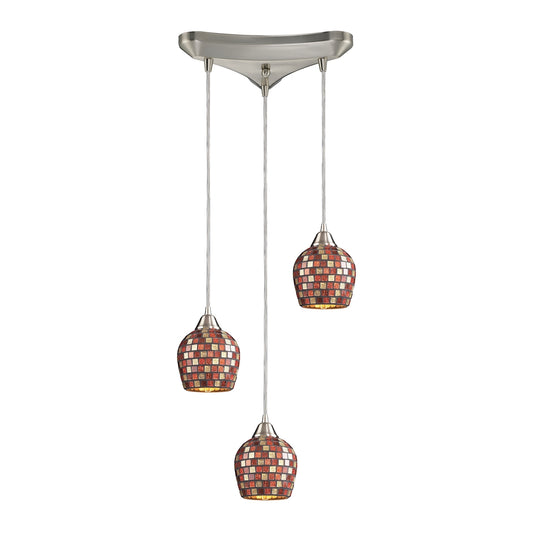 Fusion 3-Light Triangular Pendant Fixture in Satin Nickel with Multi-colored Mosaic Glass