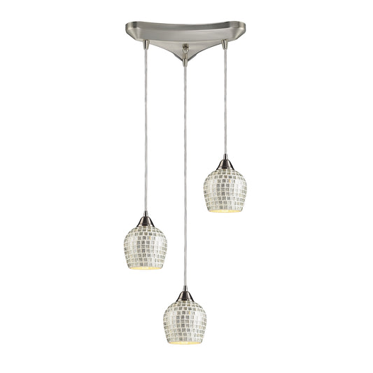 Fusion 3-Light Triangular Pendant Fixture in Satin Nickel with Silver Mosaic Glass