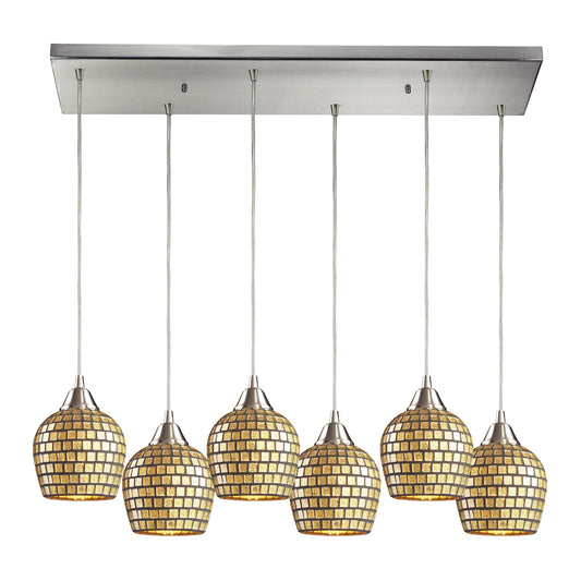 Fusion 6-Light Rectangular Pendant Fixture in Satin Nickel with Gold Leaf Mosaic Glass