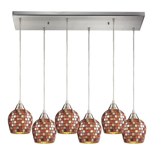 Fusion 6-Light Rectangular Pendant Fixture in Satin Nickel with Multi-colored Mosaic Glass
