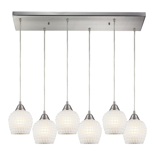 Fusion 6-Light Rectangular Pendant Fixture in Satin Nickel with White Mosaic Glass