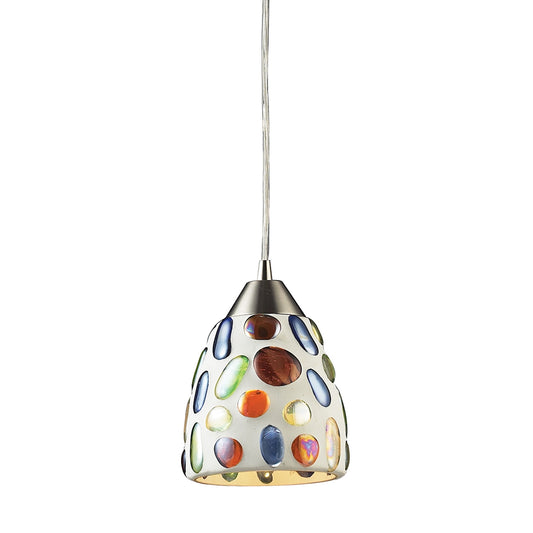 Gemstone 1-Light Mini Pendant in Satin Nickel with Sculpted Multi-color Glass