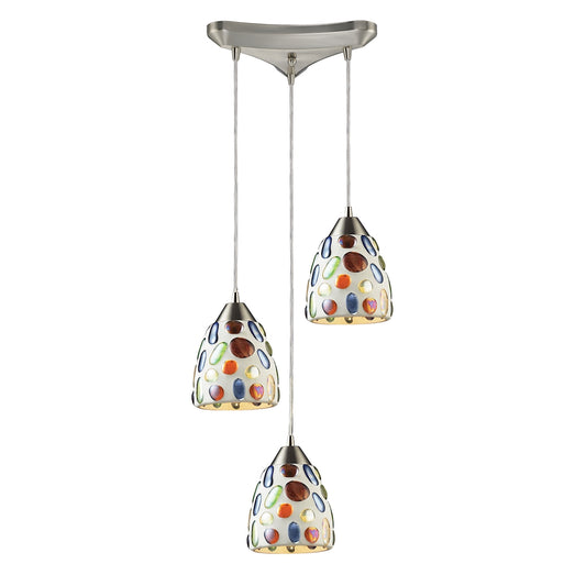 Gemstone 3-Light Triangular Pendant Fixture in Satin Nickel with Sculpted Multi-color Glass