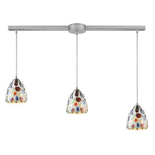 Gemstone 3-Light Linear Pendant Fixture in Satin Nickel with Sculpted Multi-color Glass