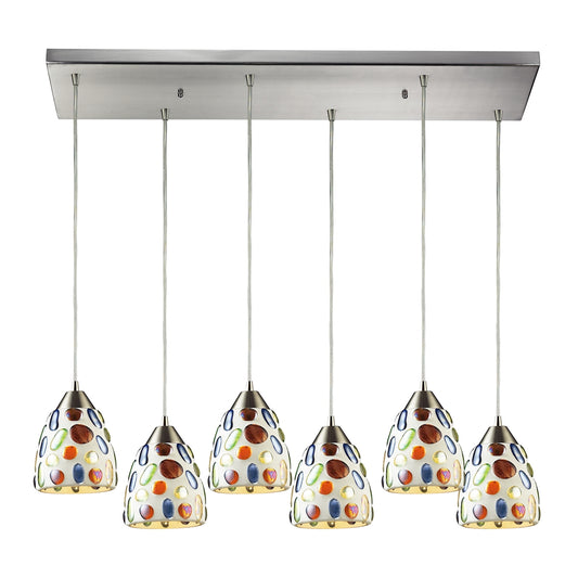 Gemstone 6-Light Rectangular Pendant Fixture in Satin Nickel with Sculpted Multi-color Glass