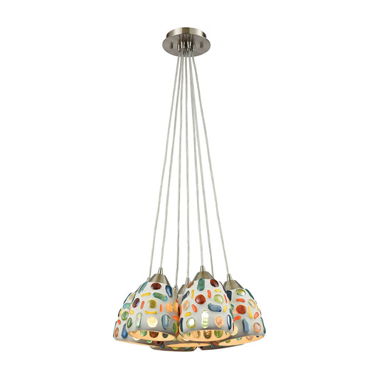 Gemstone 7-Light Nesting Pendant Fixture in Satin Nickel with Sculpted Multi-color Glass