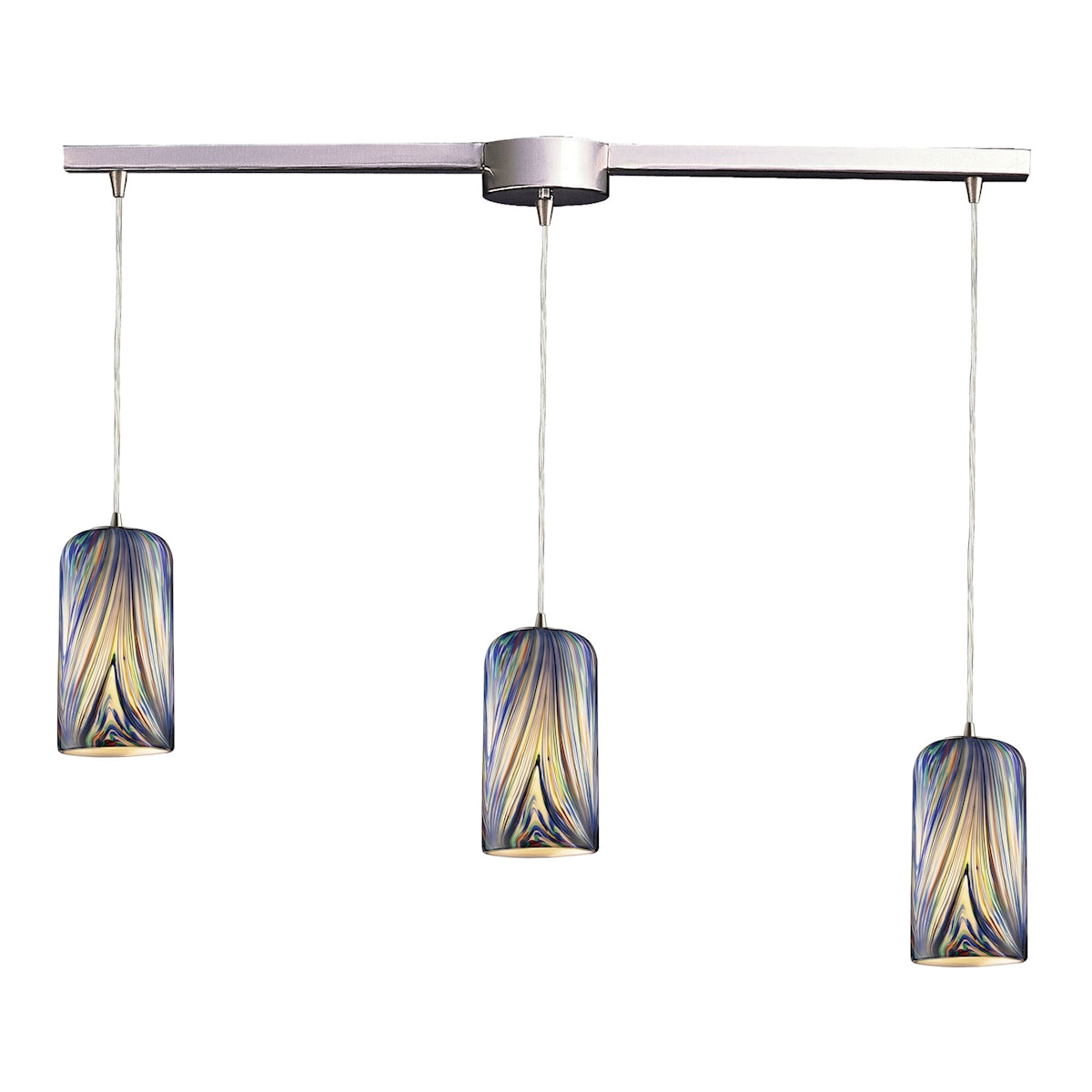 Molten 3-Light Linear Pendant Fixture in Satin Nickel with Molten Ocean Glass