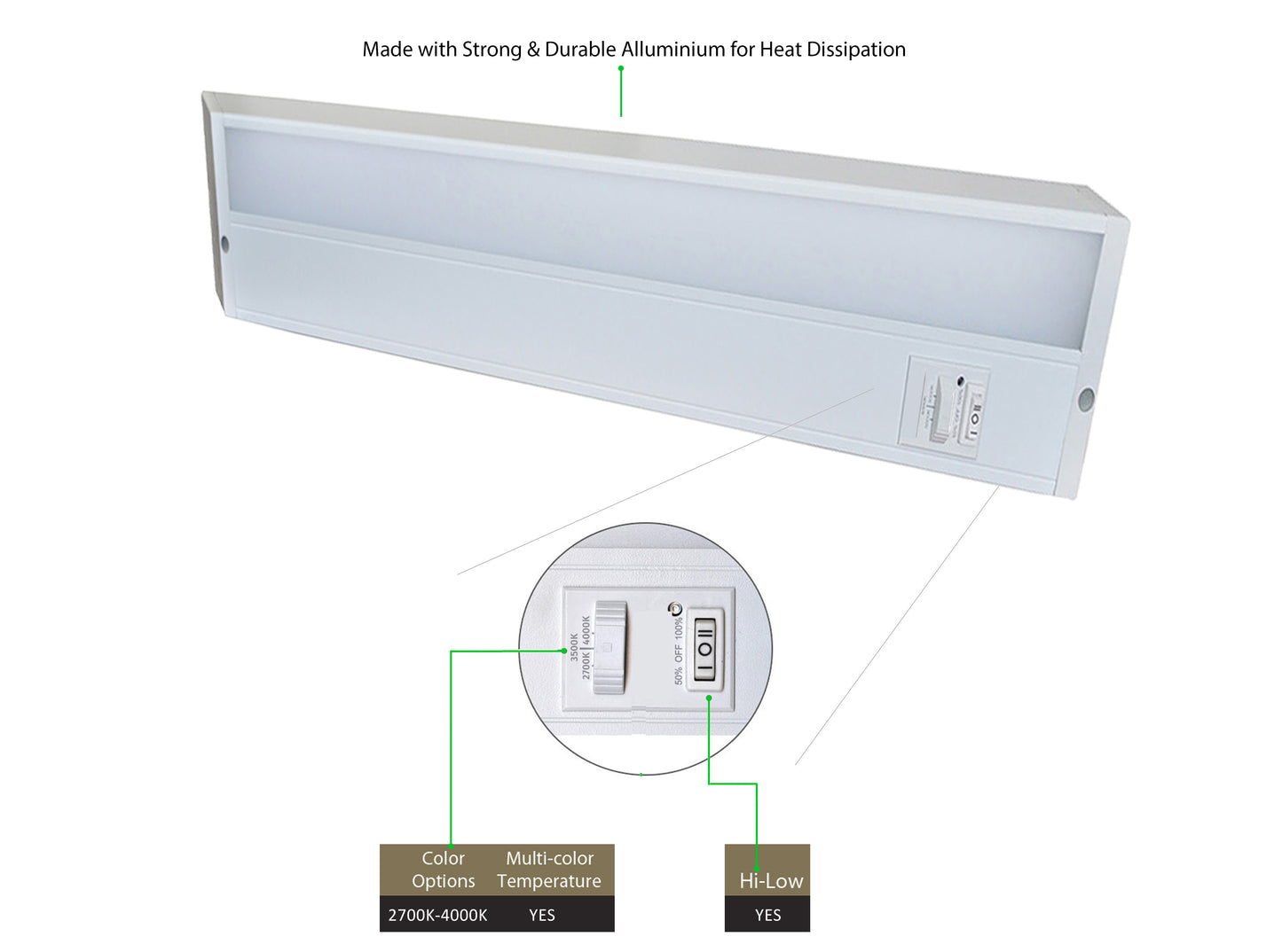 UC12-3K-HL-D LED, Undercabinet with Hi/Low Switch, 2700K/3500K/4000K, 12"L, 6W