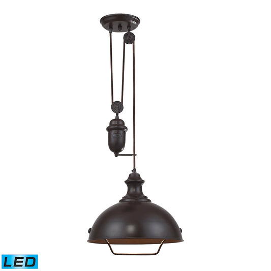 Farmhouse 1-Light Adjustable Pendant in Oiled Bronze with Matching Shade - Includes LED Bulb