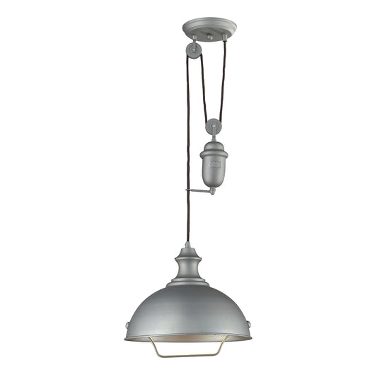 Farmhouse 1-Light Adjustable Pendant in Aged Pewter with Matching Shade