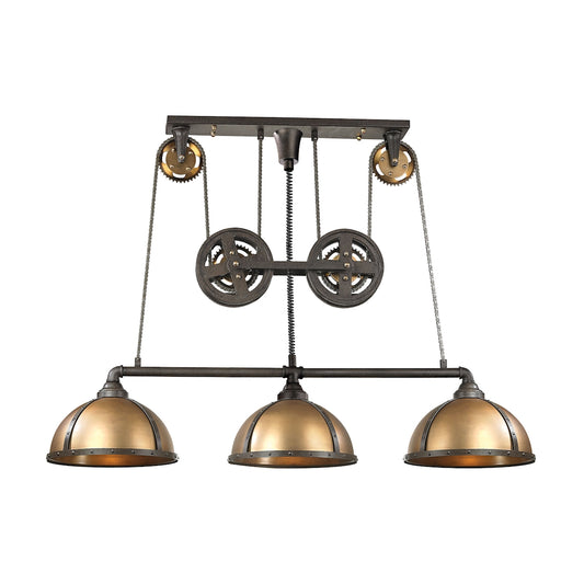 Torque 3-Light Island Light in Vintage Brass and Rust with Metal Shade