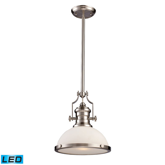 Chadwick 1-Light Pendant in Satin Nickel with White Glass - Includes LED Bulb