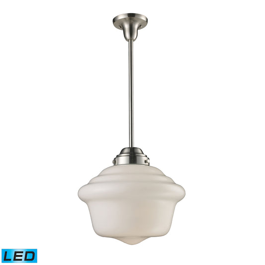 Schoolhouse 1-Light Pendant in Satin Nickel with White Glass - Includes LED Bulb