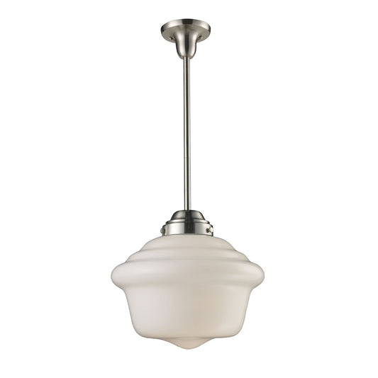 Schoolhouse 1-Light Pendant in Satin Nickel with White Glass