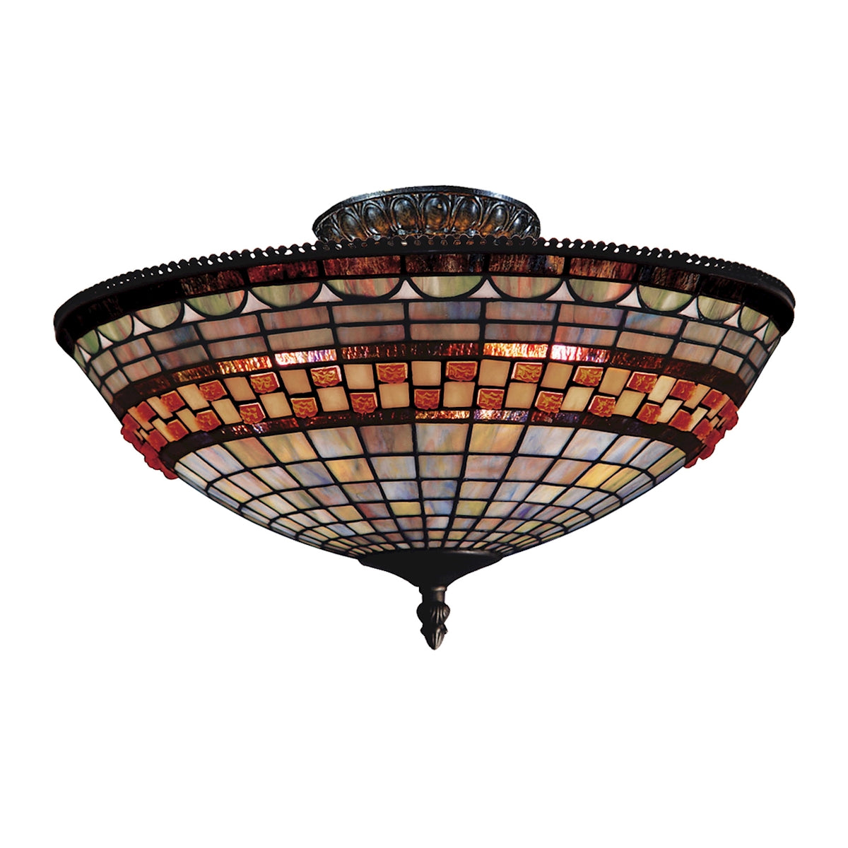 Jewelstone 3-Light Semi Flush in Classic Bronze with Tiffany Style Glass