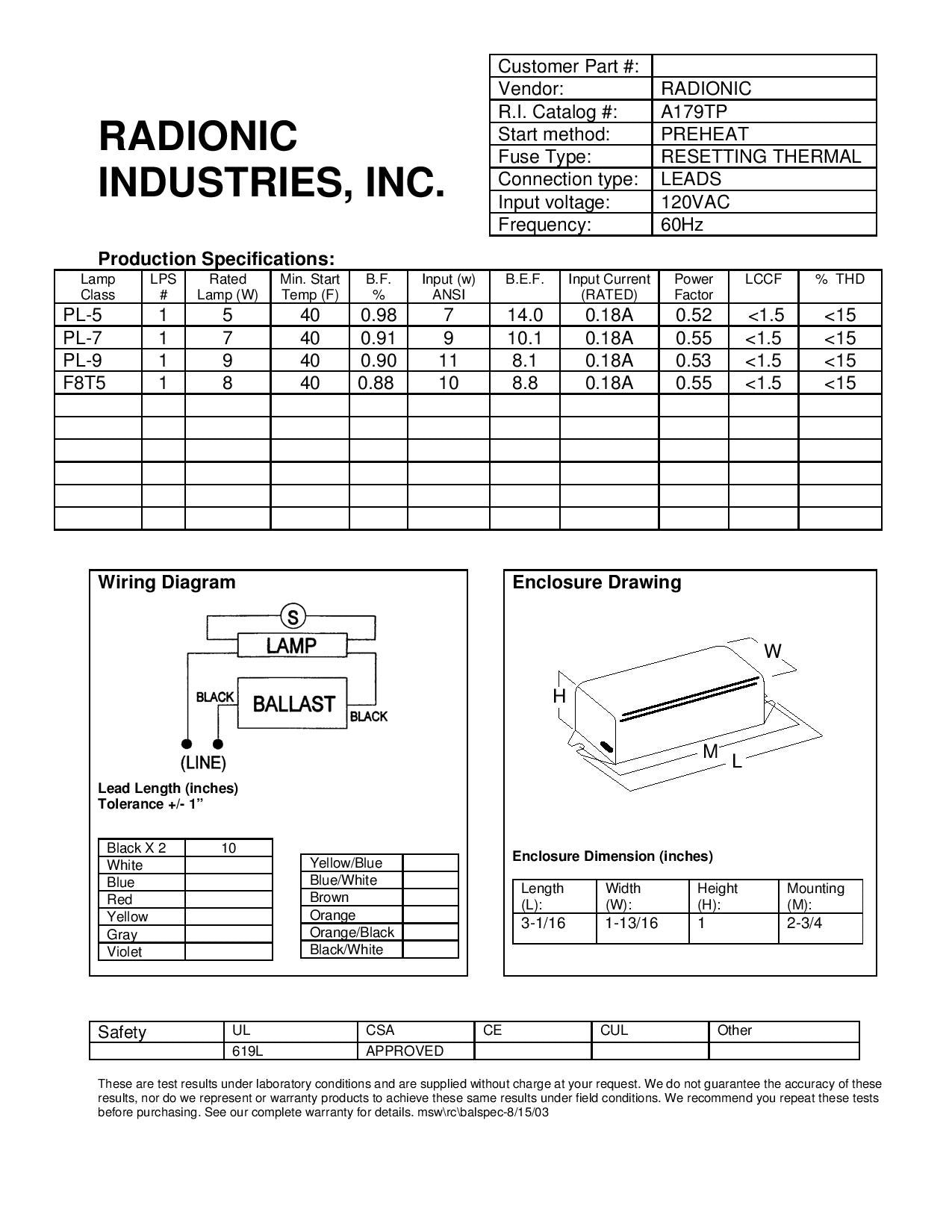 A179TP 120v with Thermal Protection for (1) PL-5, PL-7, PL-9 or F8T5 lamp