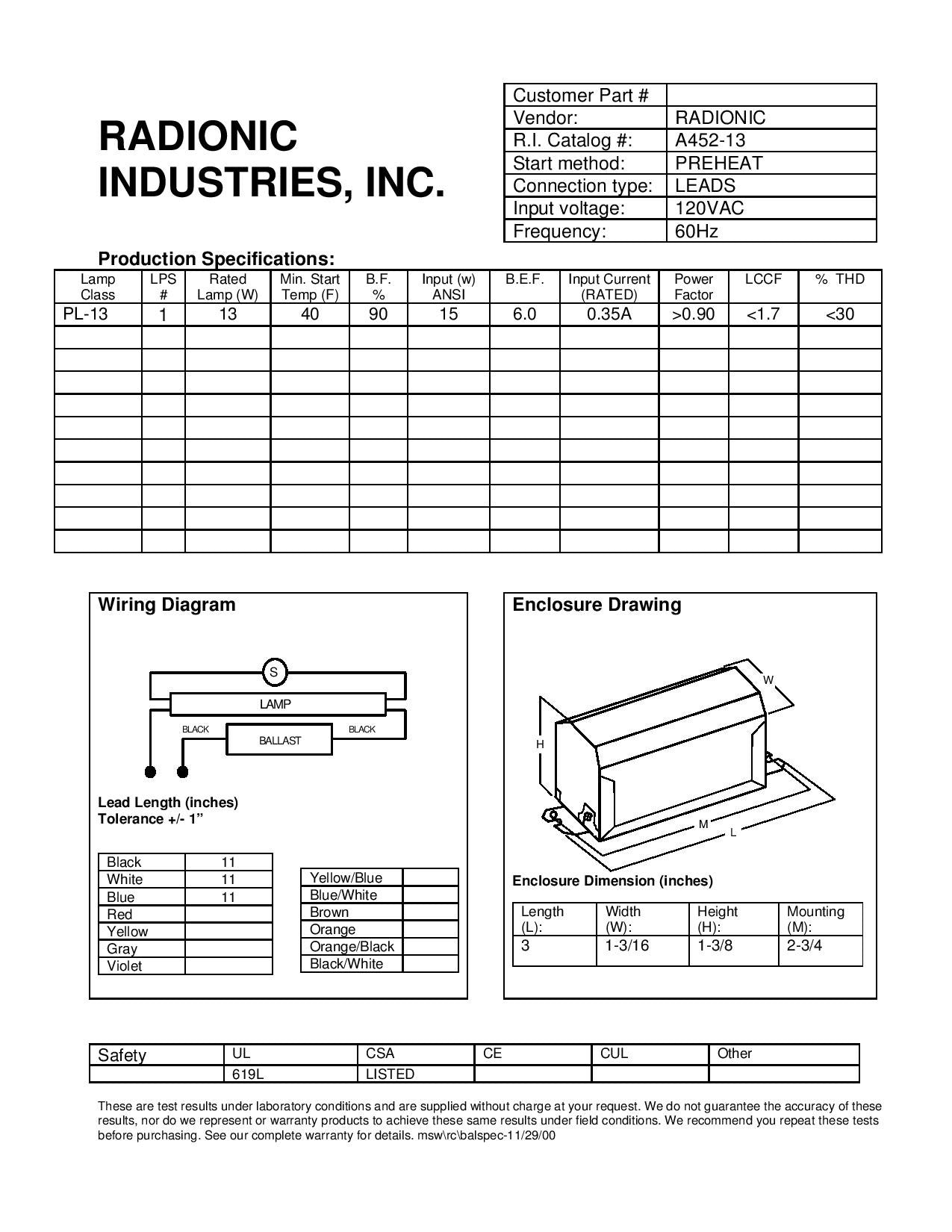 A452-13 120v for (1) PL-13 lamp