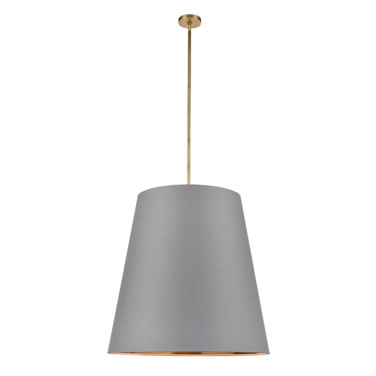 PD311030VBGG Calor 3 Light 30" Vintage Brass With Gray Linen And Gold Parchment Shade Pendant