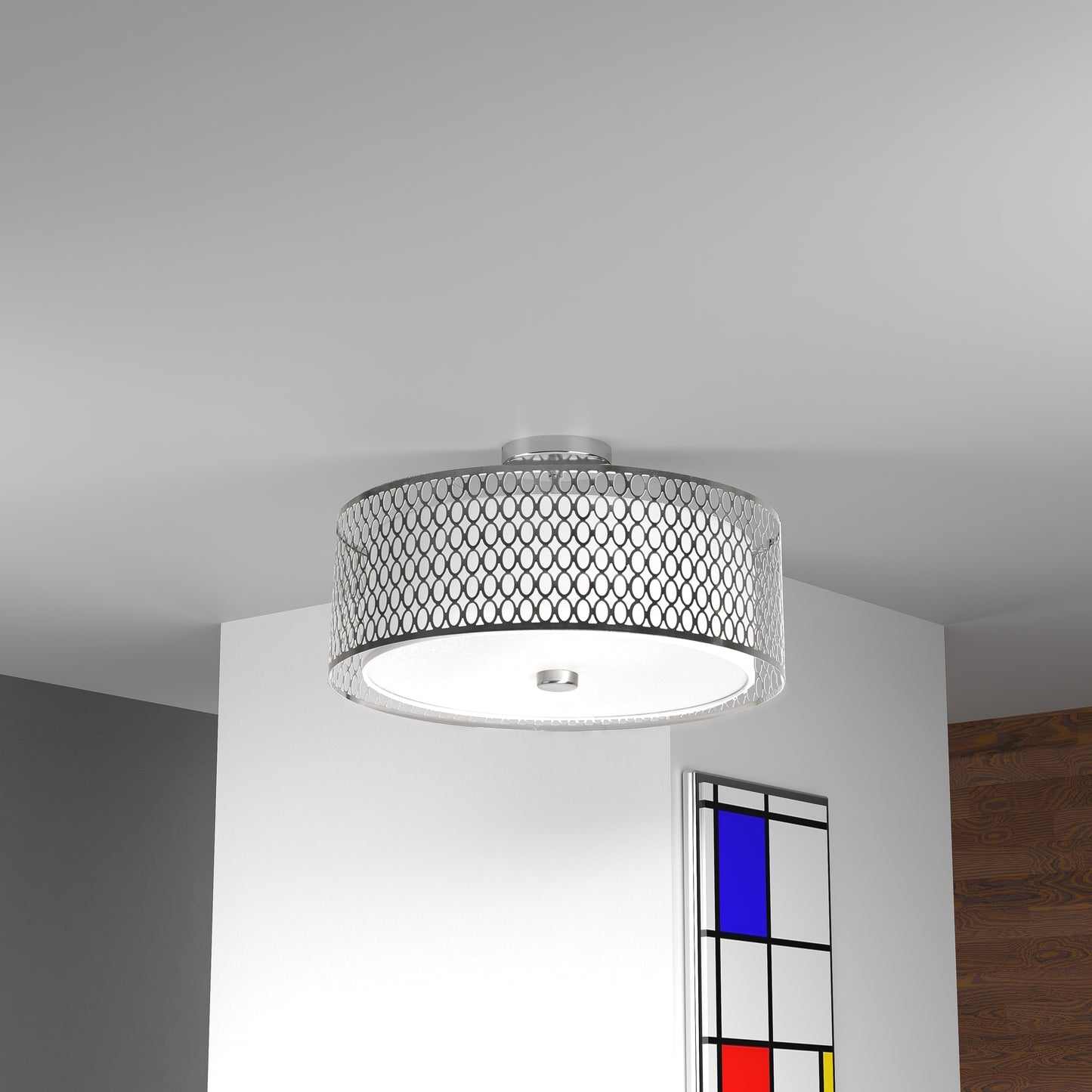 Dainolite 3 Light Semi Flush with Laser Cut Shade, Satin Chrome Finish, White Shade, Frosted Glass Diffuser