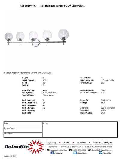 Dainolite ABI-365W-PC 5 Light Halogen Vanity Polished Chrome with Clear Glass