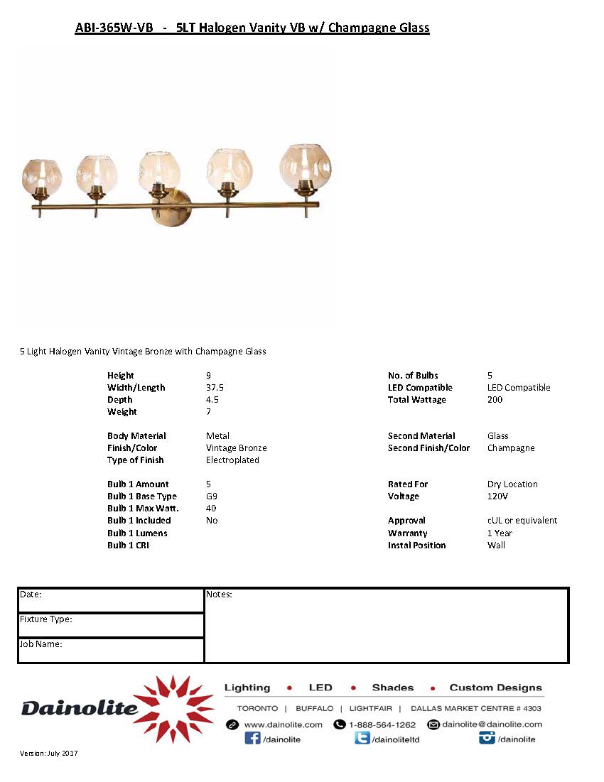 Dainolite ABI-365W-VB 5 Light Halogen Vanity Vintage Bronze with Champagne Glass