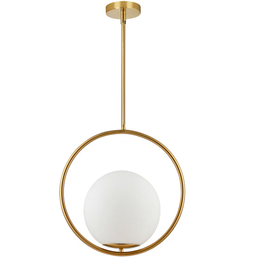 Dainolite 1 Light Incandescent Pendant, Aged Brass with White Opal Glass