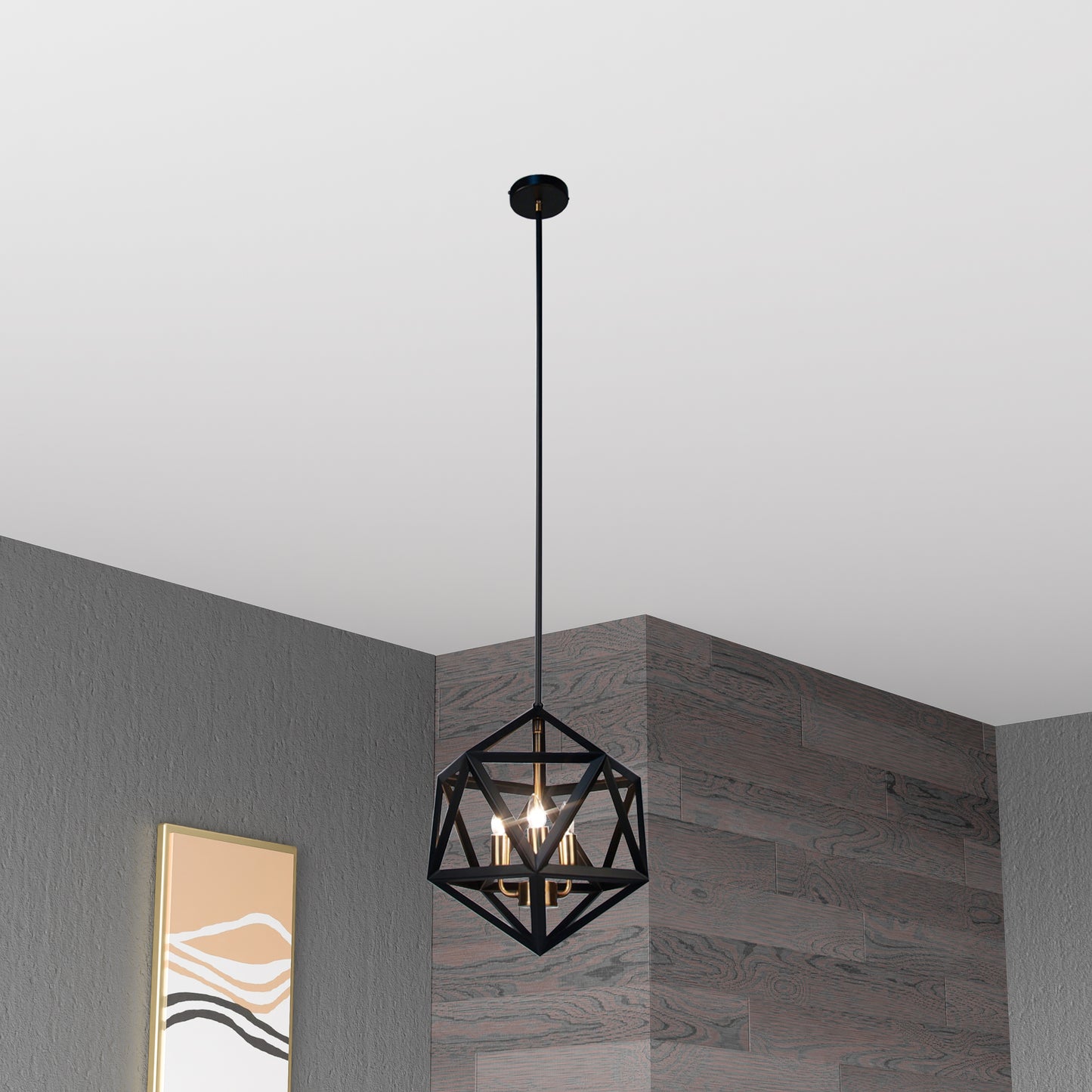 Dainolite 3 Light Chandelier, Matte Black with Antique Brass Accents