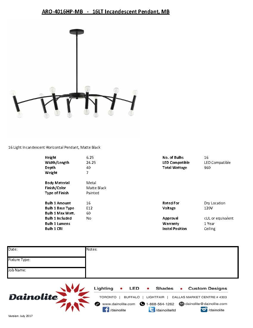 Dainolite ARO-4016HP-MB 16 Light Incandescent Horizontal Pendant, Matte Black