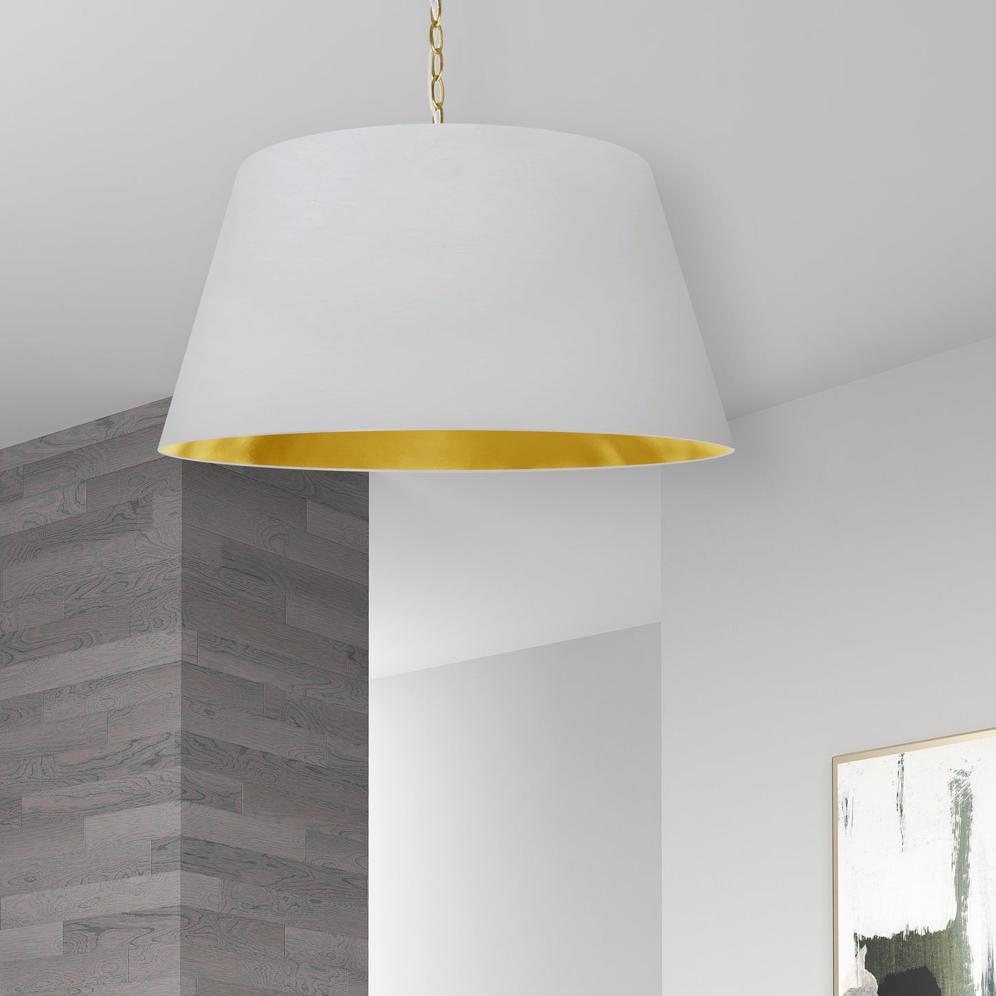 Dainolite 1 Light Brynn LG Pendant, White/Gold Shade, Aged Brass