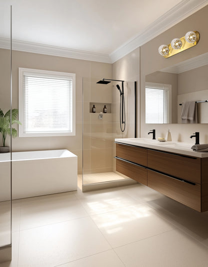 Dainolite 3 Light Vanity in Aged Brass w/ Clear Hammered Glass