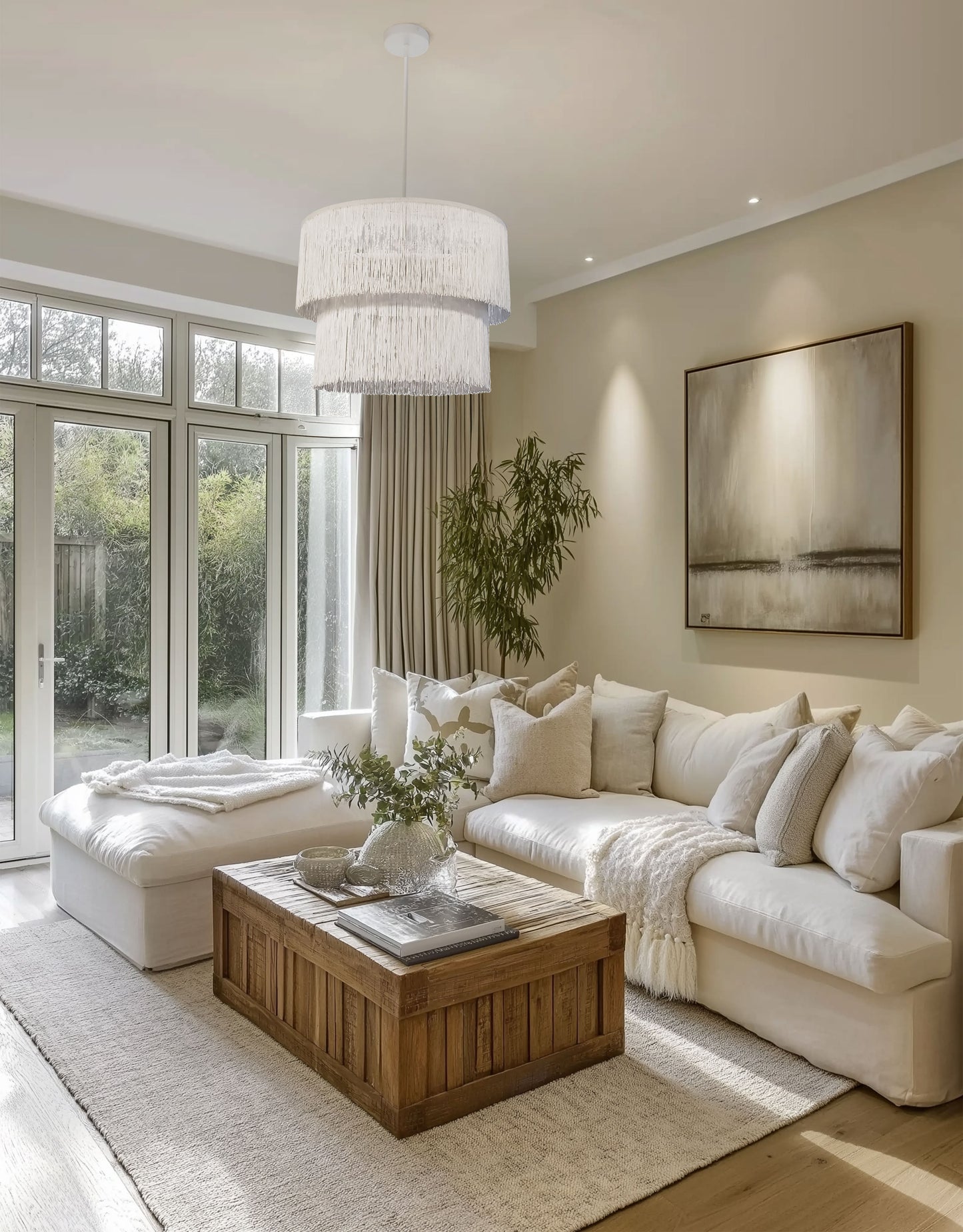 Dainolite 4 Light Matte White Chandelier w/ White Fringe